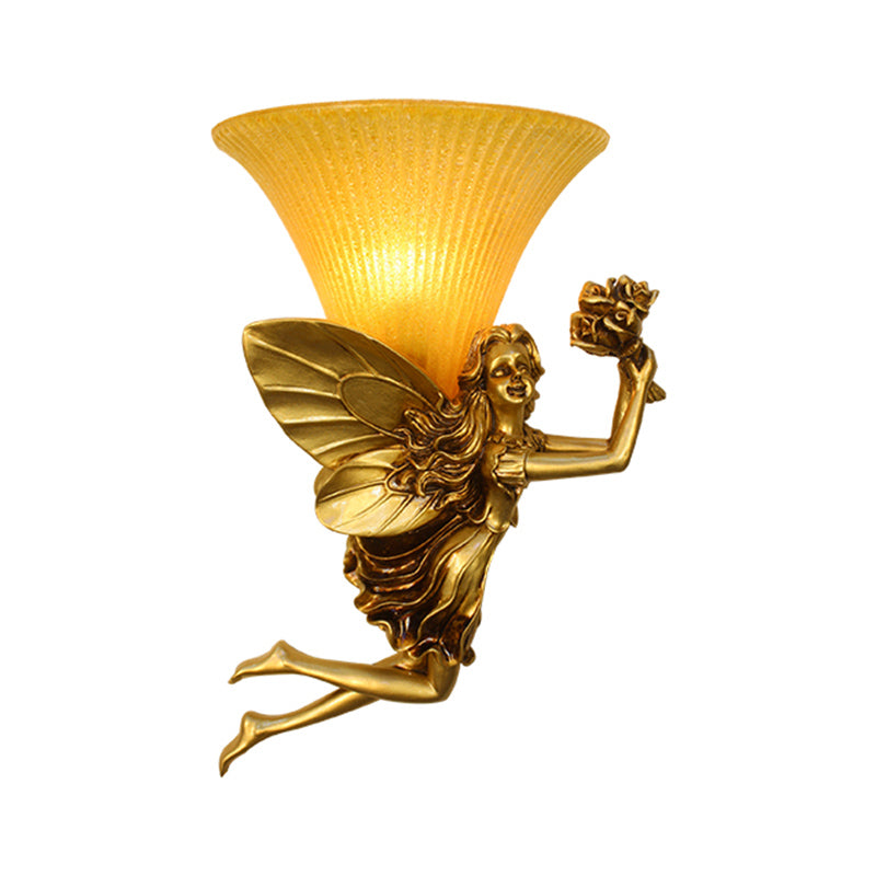 Retro Style Fairy Wall Lighting Fixture 1 Head Resin Blue/Gold Sconce Lamp with Amber Glass Bell Shade