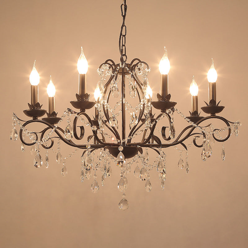 Contemporary Metal Curved Arm Hanging Chandelier Light Black Candle Bedroom Suspension Light with Crystal