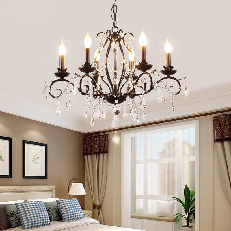 Contemporary Metal Curved Arm Hanging Chandelier Light Black Candle Bedroom Suspension Light with Crystal