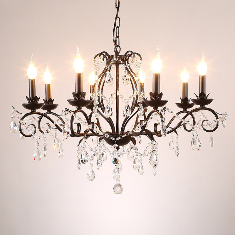 Contemporary Metal Curved Arm Hanging Chandelier Light Black Candle Bedroom Suspension Light with Crystal