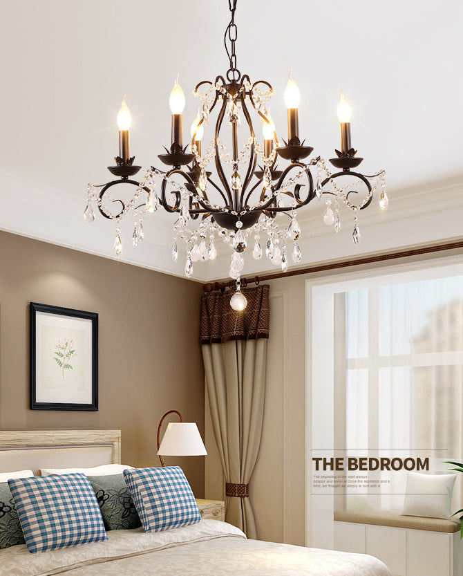 Contemporary Metal Curved Arm Hanging Chandelier Light Black Candle Bedroom Suspension Light with Crystal