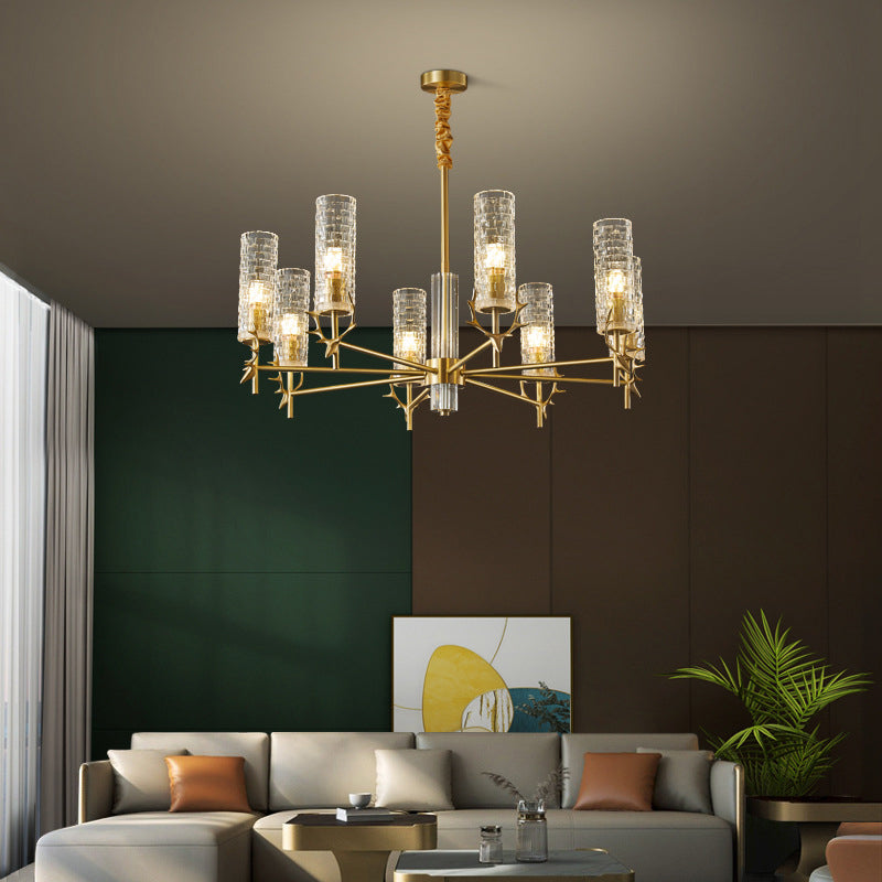 Luz de colgante radial de oro a mediados del siglo de mediados de siglo Cilíndrica de vidrio transparente Luz para sala de estar