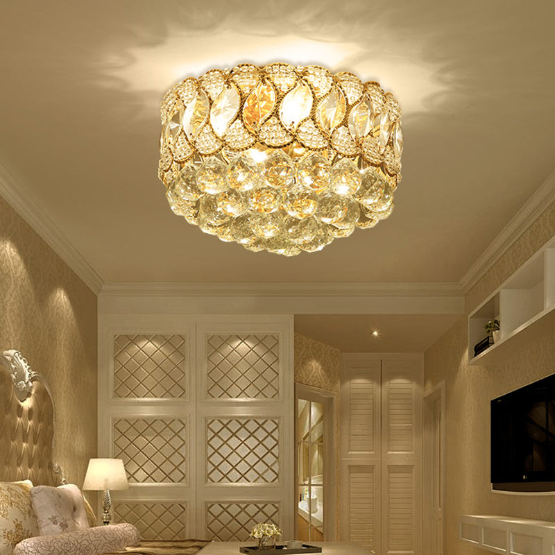 Gold Circular Ceiling Light Contemporary 3 Bulbs  Crystal Ball Flush Mount Lamp for Bedroom