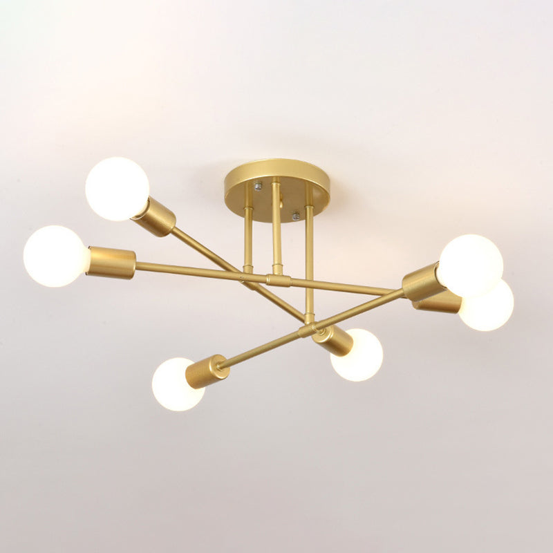 6-Lights Industrial Style Ceiling Lamp Metal Linear Arm Bare Bulb Flush Mount Lighting Fixture for Bedroom Living Room