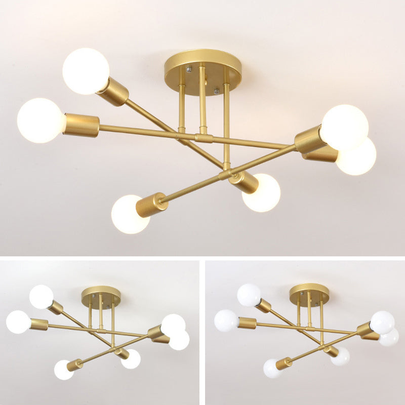 6-Lights Industrial Style Ceiling Lamp Metal Linear Arm Bare Bulb Flush Mount Lighting Fixture for Bedroom Living Room