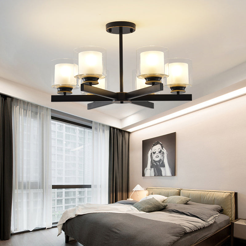 Nordic Style Metal Lighting Chandelier Cylindrical Double-layer Glass Shade Suspension Light for Dining Room