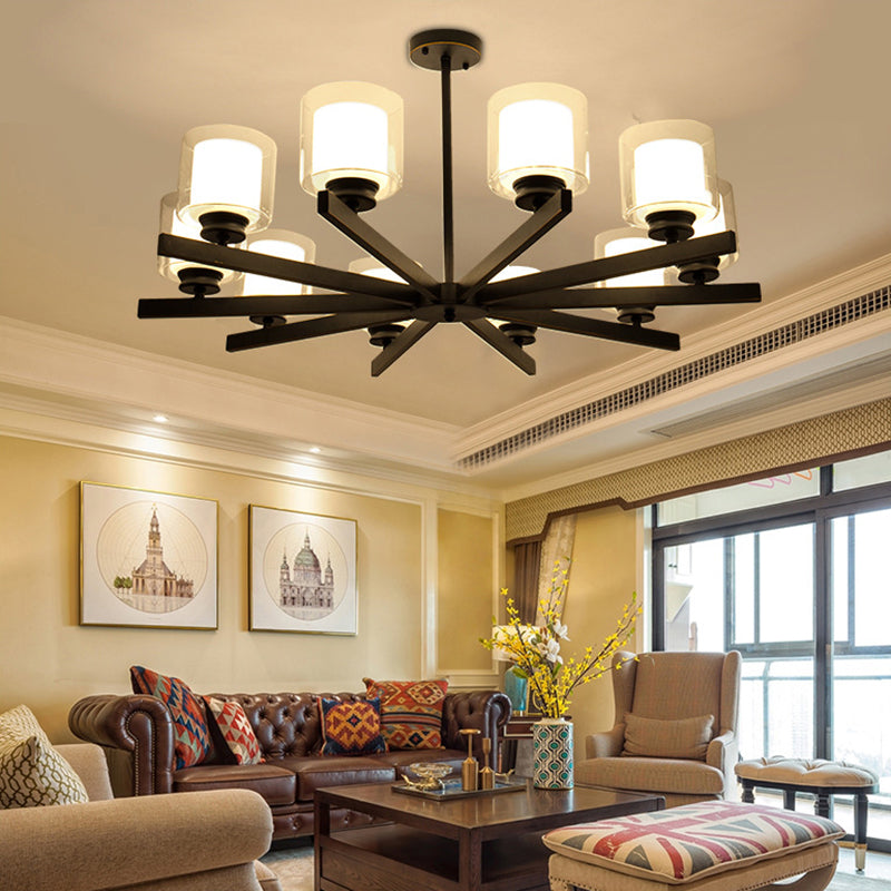 Nordic Style Metal Lighting Chandelier Cylindrical Double-layer Glass Shade Suspension Light for Dining Room