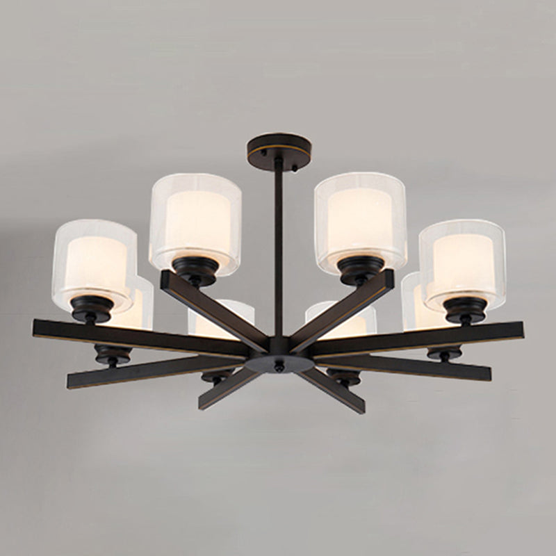 Nordic Style Metal Lighting Chandelier Cylindrical Double-layer Glass Shade Suspension Light for Dining Room