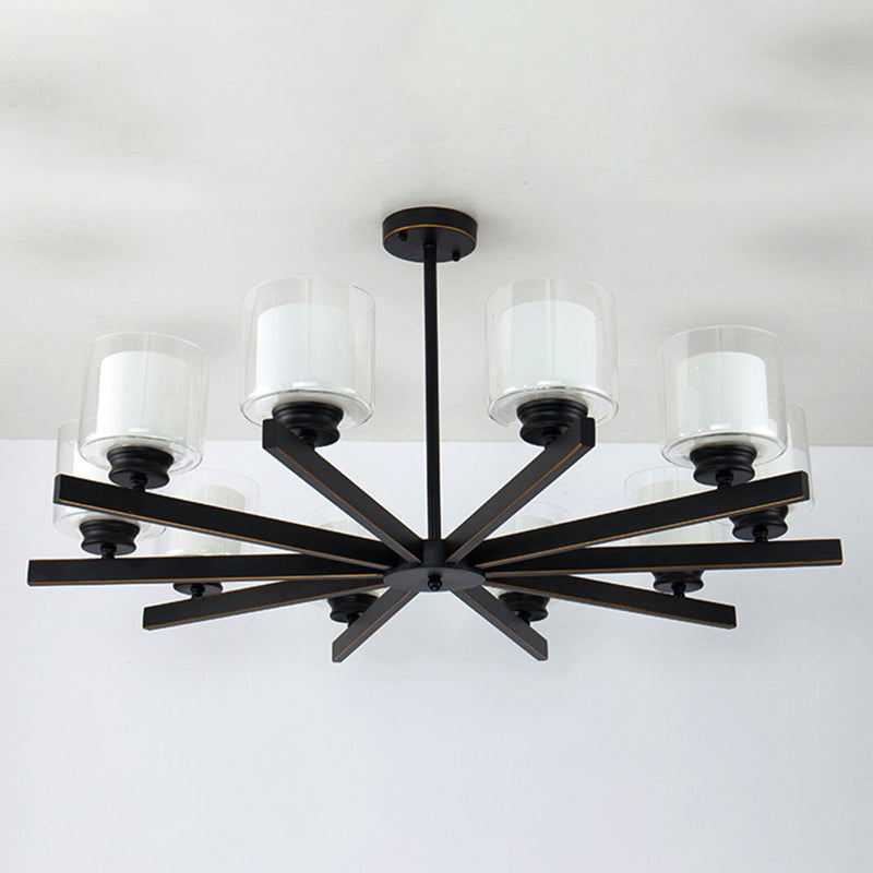 Nordic Style Metal Lighting Chandelier Cylindrical Double-layer Glass Shade Suspension Light for Dining Room