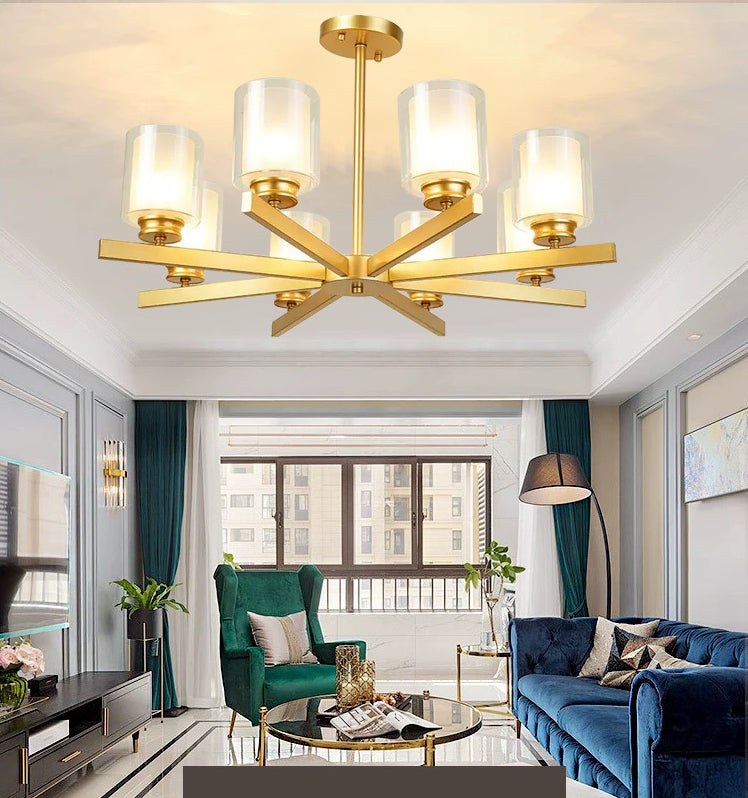 Nordic Style Metal Lighting Chandelier Cylindrical Double-layer Glass Shade Suspension Light for Dining Room