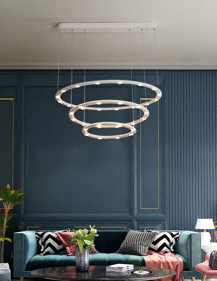 Weißer Halo -Ring Kronleuchter Anhänger Minimalist Metall LED Hängende Licht für Wohnzimmer