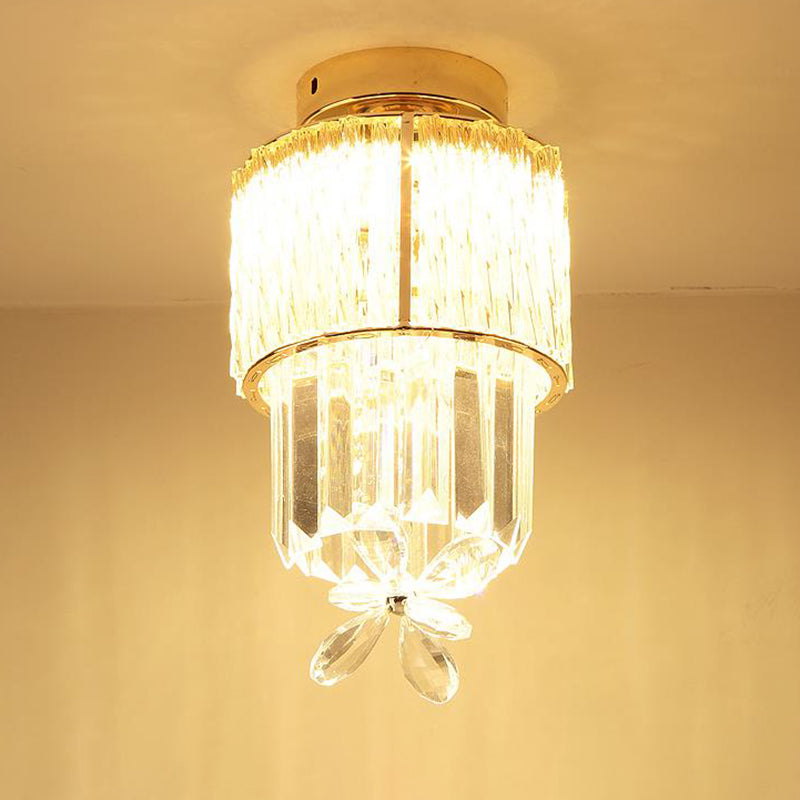 LED Hallway Ceiling Mounted Light Modern Gold Semi Flush Light Fixture with Cylinder K9 Crystal Shade