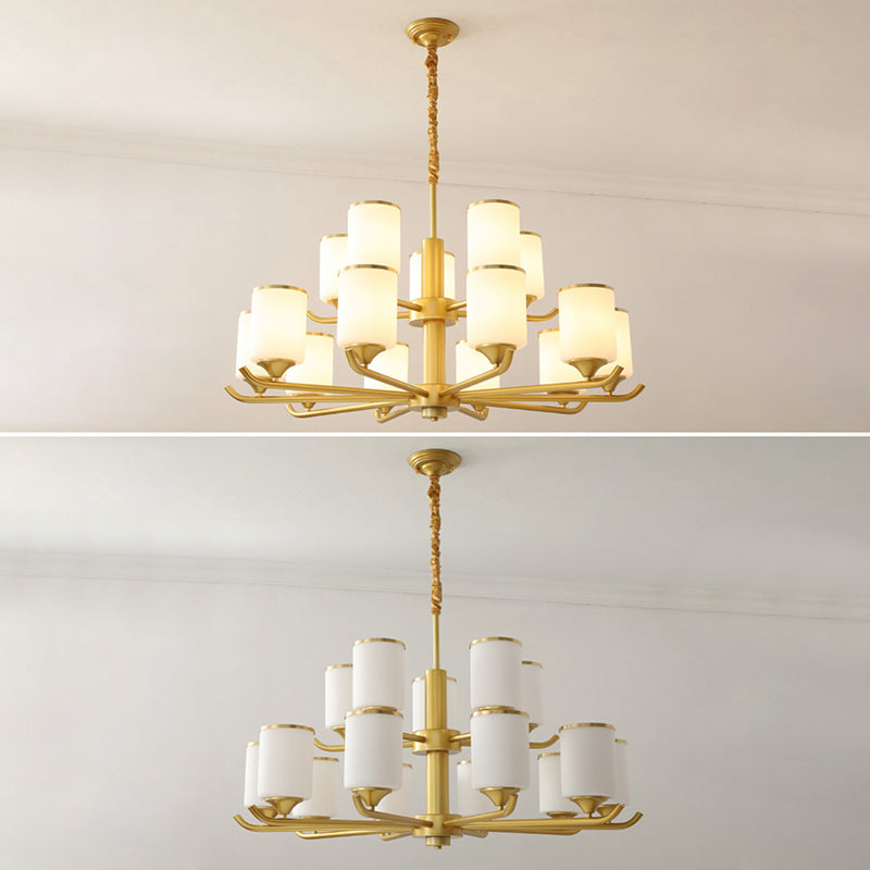 Gold Modern Simplicity Metal Chandelier Cylindrical Grosted Glass Shade Multi-Lights Prowing Lampe pour le salon