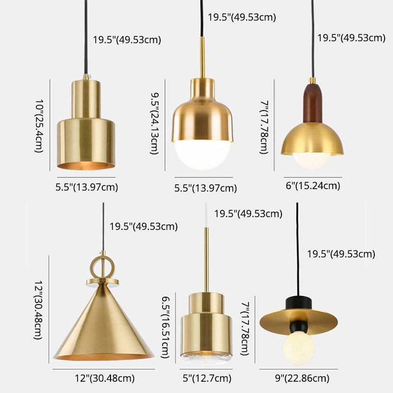 Postmodern Metal Pendant Light 1-Light Small Bedside Suspension Light Fixture in Brass