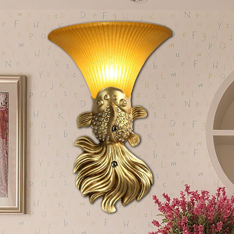 Red/Gold 1 Light Wall Sconce Fixture Lodge Stylish Resin Fish Shape Wall Mount Light with Amber Glass Bell Shade
