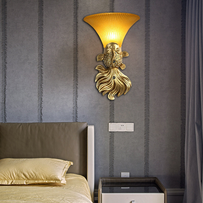 Red/Gold 1 Light Wall Sconce Fixture Lodge Stylish Resin Fish Shape Wall Mount Light with Amber Glass Bell Shade
