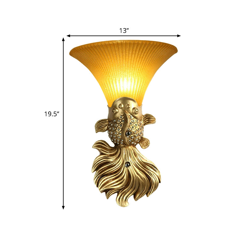 Red/Gold 1 Light Wall Sconce Fixture Lodge Stylish Resin Fish Shape Wall Mount Light with Amber Glass Bell Shade