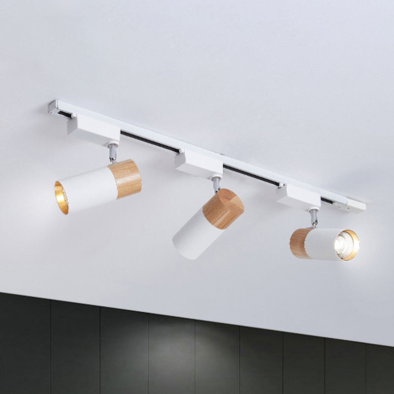 Nordic Metal and Wooden Track Spotlights Cylindrical Flush Ceiling Track Lighting for Foyer and Bedroom