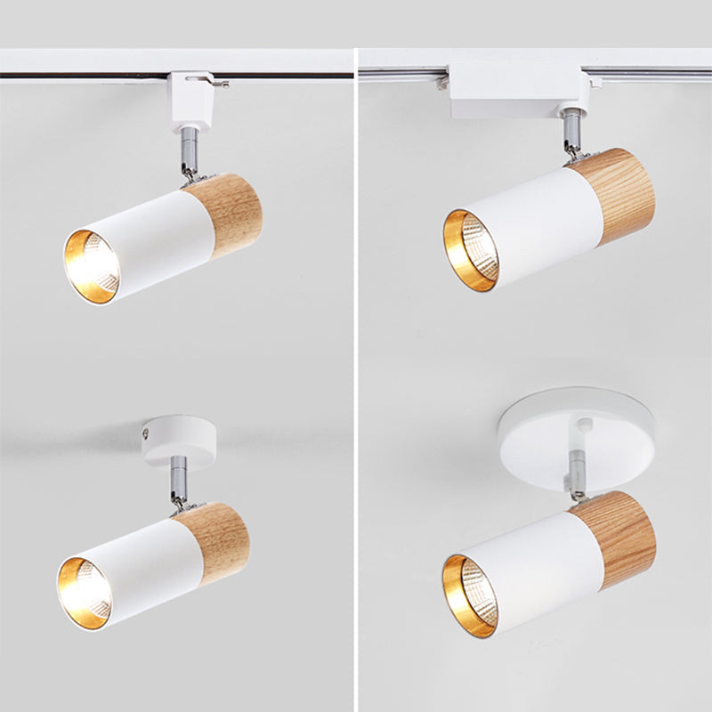 Nordic Metal and Wooden Track Spotlights Cylindrical Flush Ceiling Track Lighting for Foyer and Bedroom