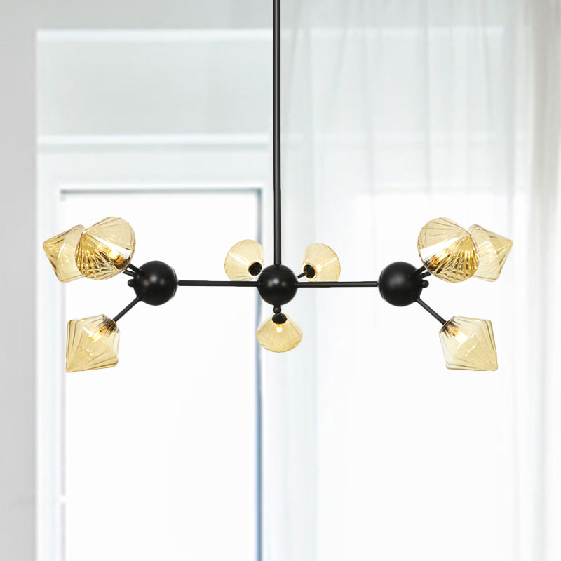 13"/27.5"/34" W Diamond Living Room Chandelier Lamp Amber/Clear Glass 3/9/12 Heads Warehouse Style Pendant Lighting with Sputnik Design