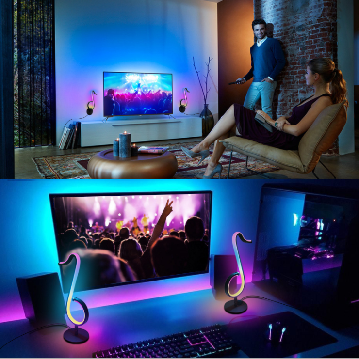 Lampada da tavolo a forma di nota musicale in metallo. Luce notturna a LED nera minimalista alla moda per camera da letto