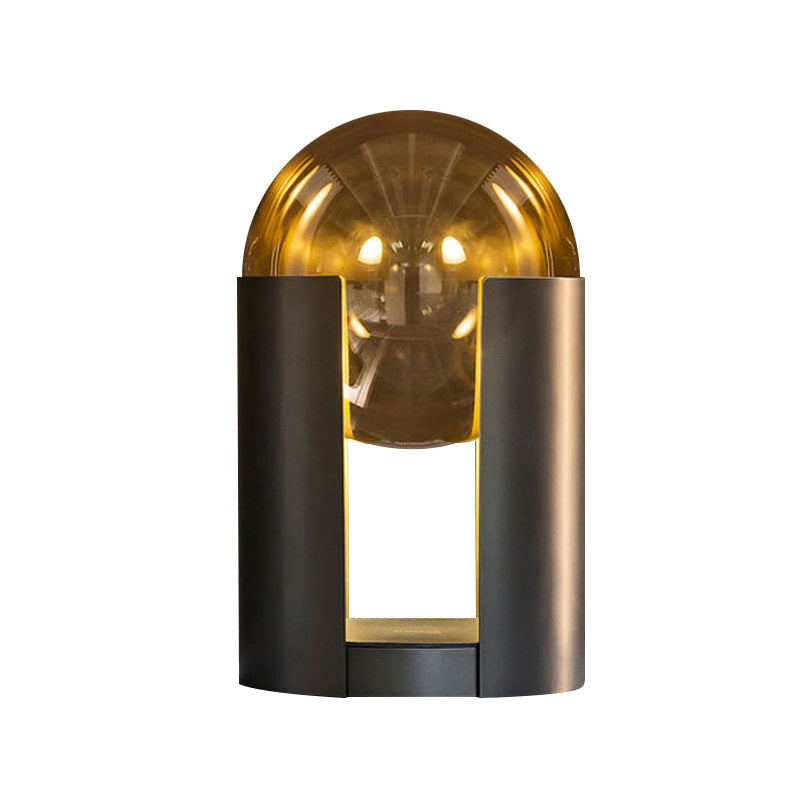 Minimalism Cognac Glass Globe Table Lamp Hollow Cylindrical Metal Base Nightstand Light in Black