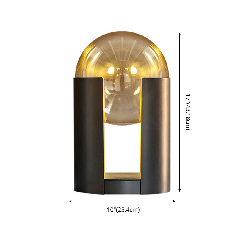 Minimalism Cognac Glass Globe Table Lamp Hollow Cylindrical Metal Base Nightstand Light in Black
