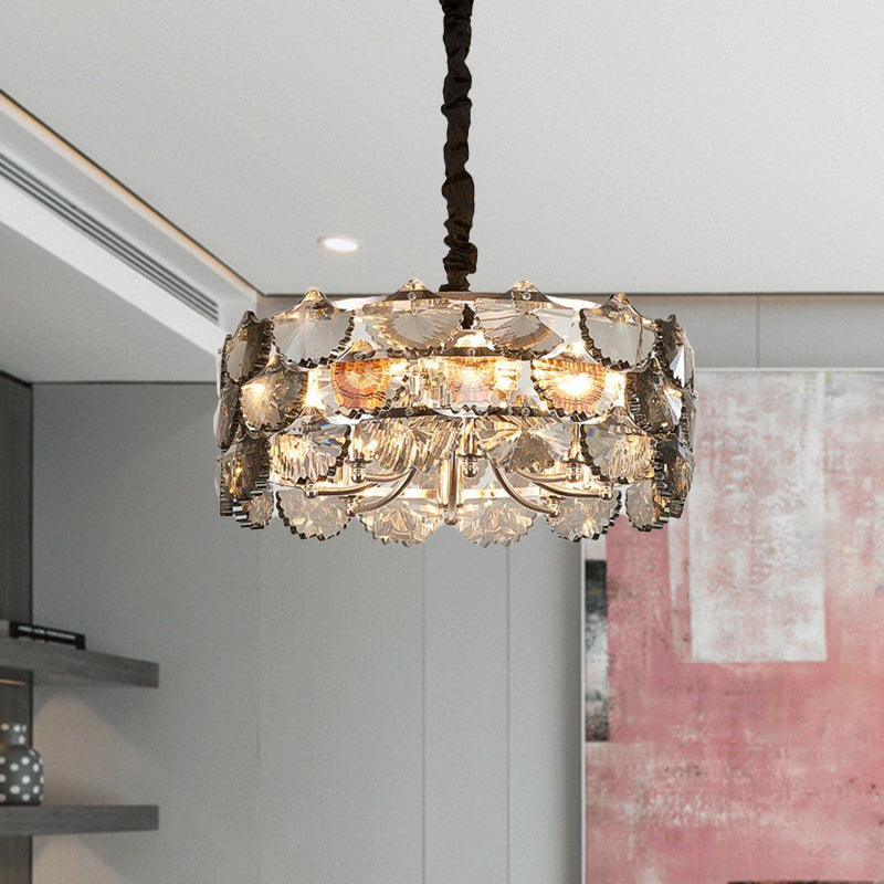 Modernist Drum Ceiling Chandelier Gray Crystal Block 6 Bulbs Kitchen Pendant Lamp in Gold
