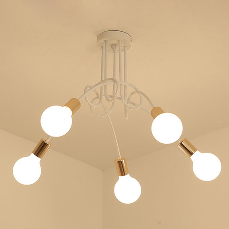 White Sputnik Exposed Bulb Flush Mount Industrial Retro Ceiling Light with Wrought Iron Stem