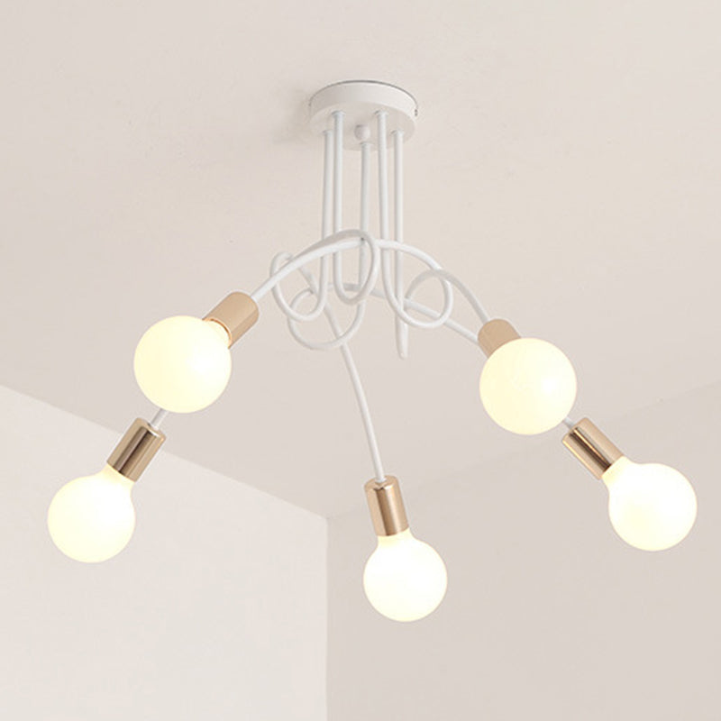 White Sputnik Exposed Bulb Flush Mount Industrial Retro Ceiling Light with Wrought Iron Stem