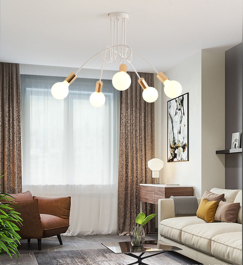 White Sputnik Exposed Bulb Flush Mount Industrial Retro Ceiling Light with Wrought Iron Stem