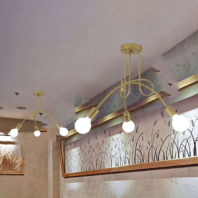 Black Winding Bend Tube Ceiling Lighting Fixture Retro Industrial Style Open Bulb Metal Flush-mount Light