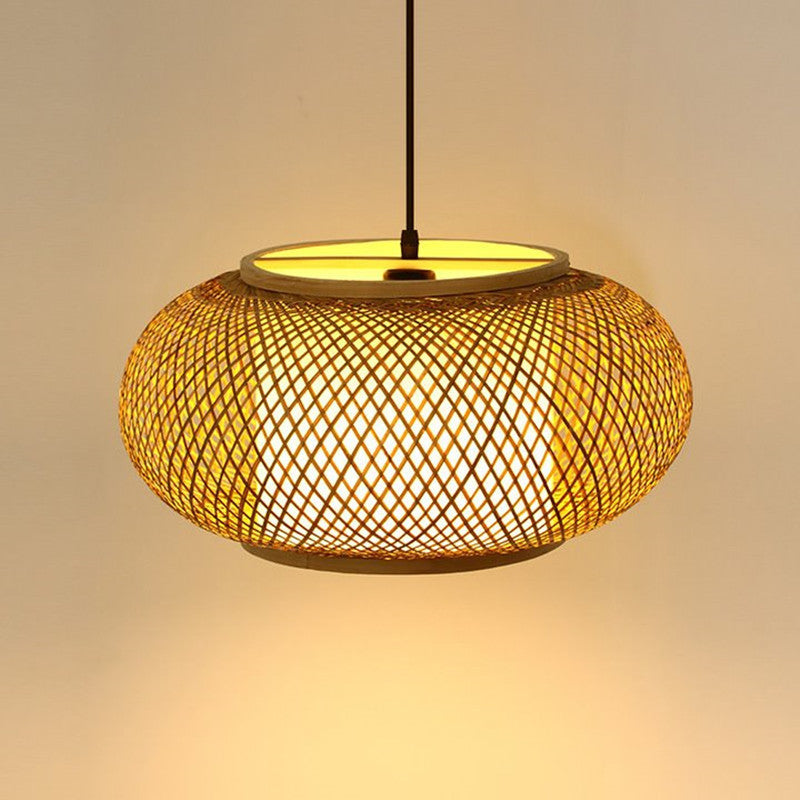 Asian Style Bamboo Woven Chandelier Lantern Shape 1 Light Dining Room Pendant Light