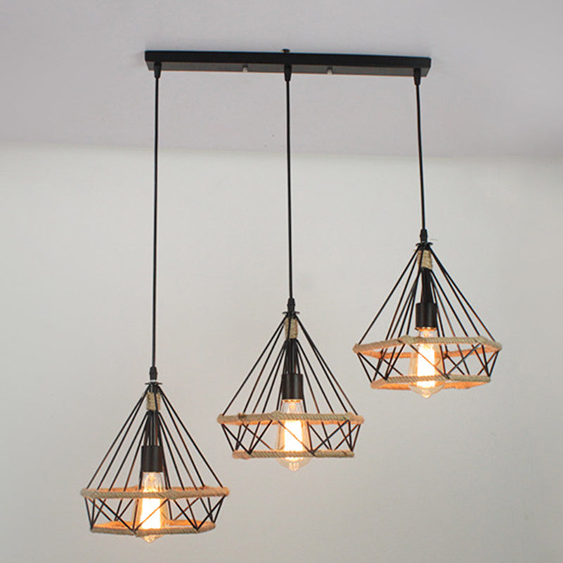 Luz de la isla de cuerda de cáñamo vintage con sombra de hierro de 3 luces restaurantes lámpara de suspensión