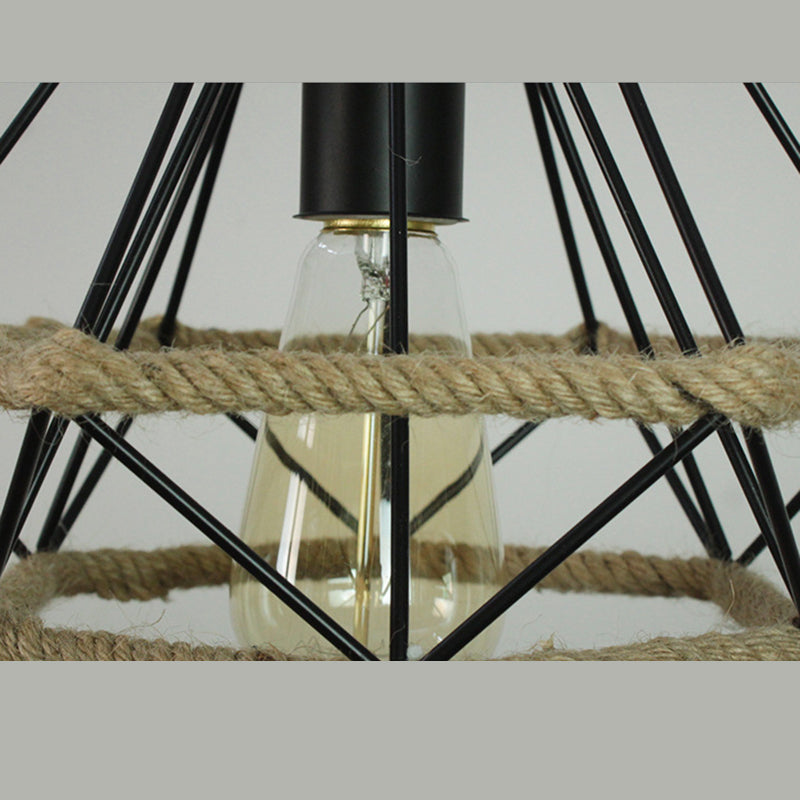 Luz de la isla de cuerda de cáñamo vintage con sombra de hierro de 3 luces restaurantes lámpara de suspensión