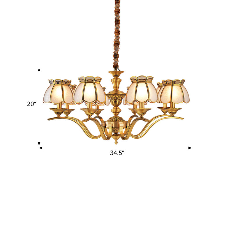 6 Lights Scalloped Chandelier Pendant Lamp Colonialist Brass Frosted Glass Hanging Ceiling Light