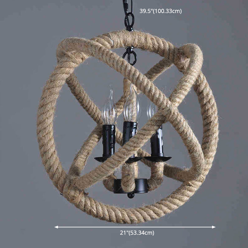 Globe Metal Pendant Lighting Industrial 3 Lights Hemp Rope  Chandelier Hanging Light Fixture in Black
