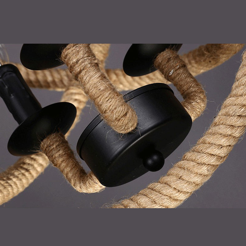 Globe Metal Pendant Lighting Industrial 3 Lights Hemp Rope  Chandelier Hanging Light Fixture in Black