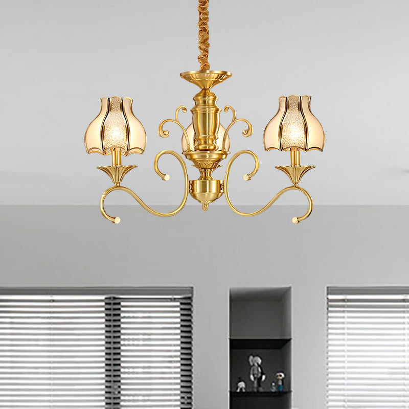 Colonial Swirled Arm Suspended Lighting 3/5/6 Heads Metal Hanging Chandelier in Gold with Frosted and Water Glass Shade