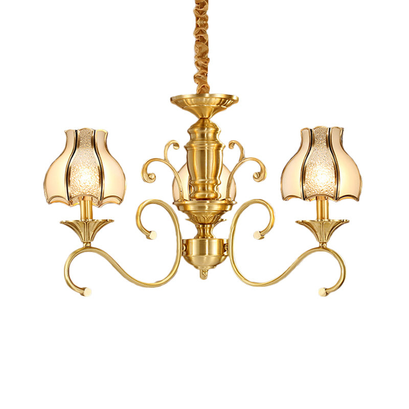 Colonial Swirled Arm Suspended Lighting 3/5/6 Heads Metal Hanging Chandelier in Gold with Frosted and Water Glass Shade
