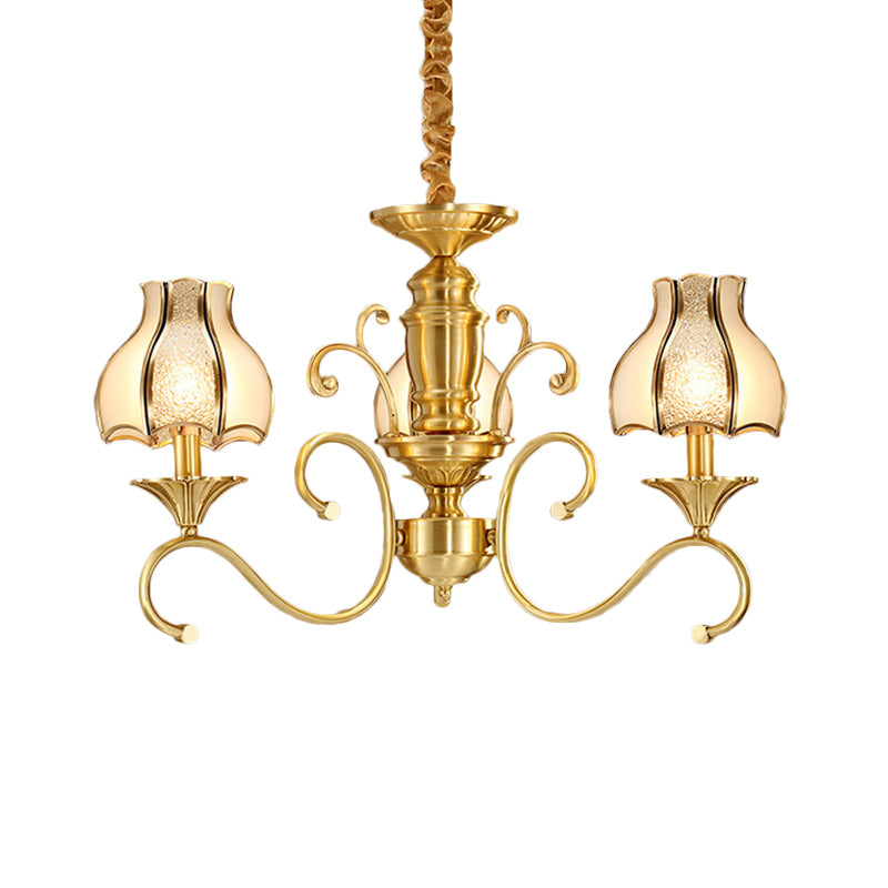 Colonial Swird Arm Hängsames Licht 3/5/6 Köpfe Metallhängung Kronleuchter in Gold mit gefrostetem und Wasserglasschatten