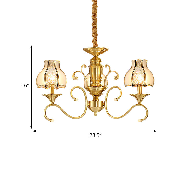 Colonial Swirled Arm Suspended Lighting 3/5/6 Heads Metal Hanging Chandelier in Gold with Frosted and Water Glass Shade