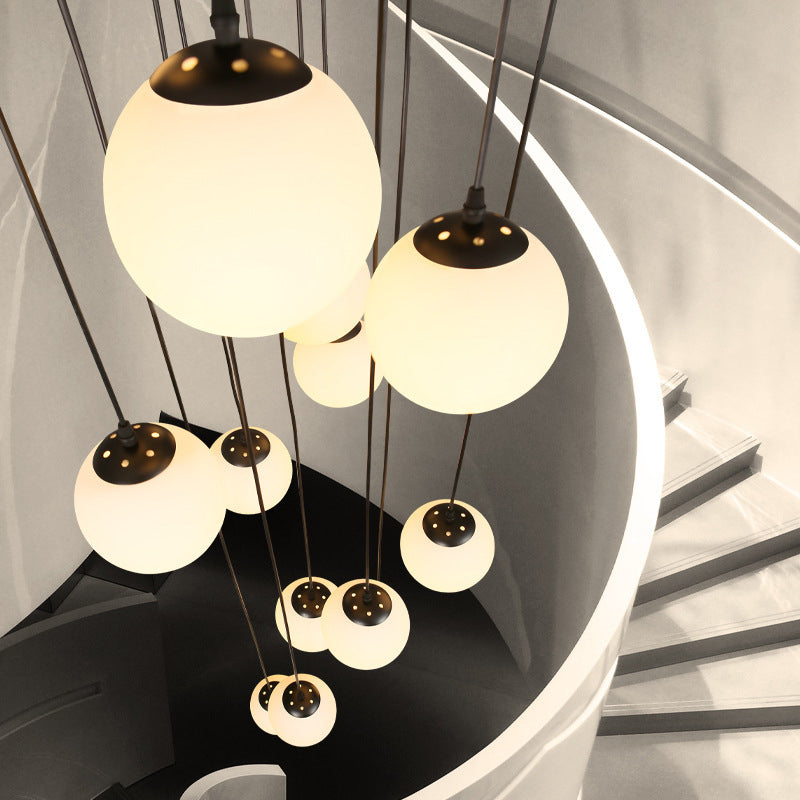 White Glass Cluster Globe Pendant Simplicity Black Multi-Light Ceiling Lamp for Staircase