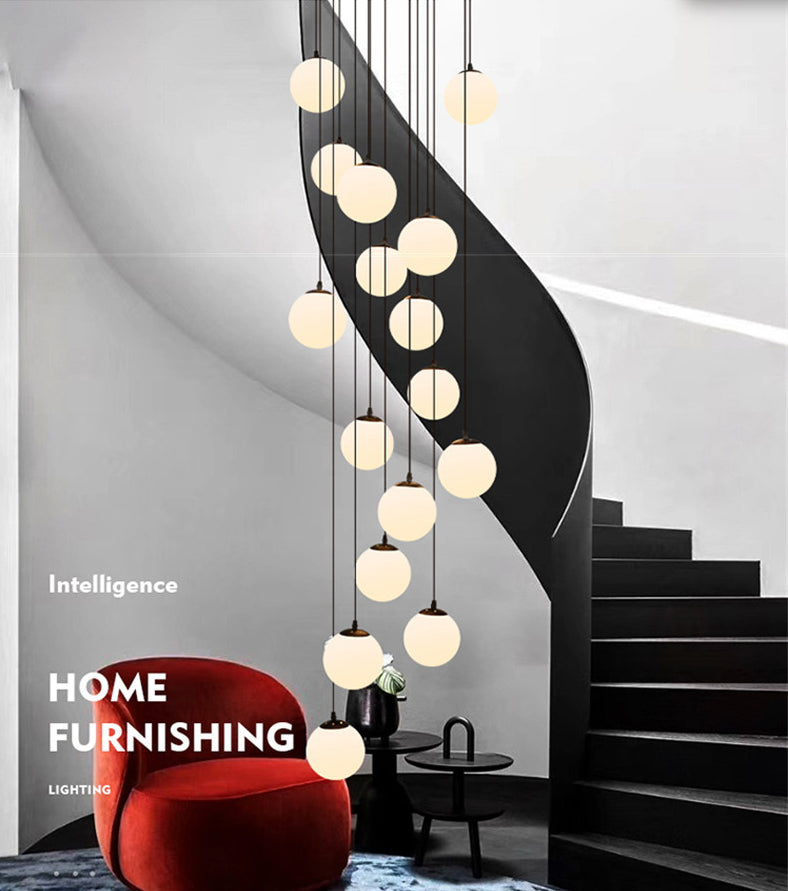 White Glass Cluster Globe Pendant Simplicity Black Multi-Light Ceiling Lamp for Staircase