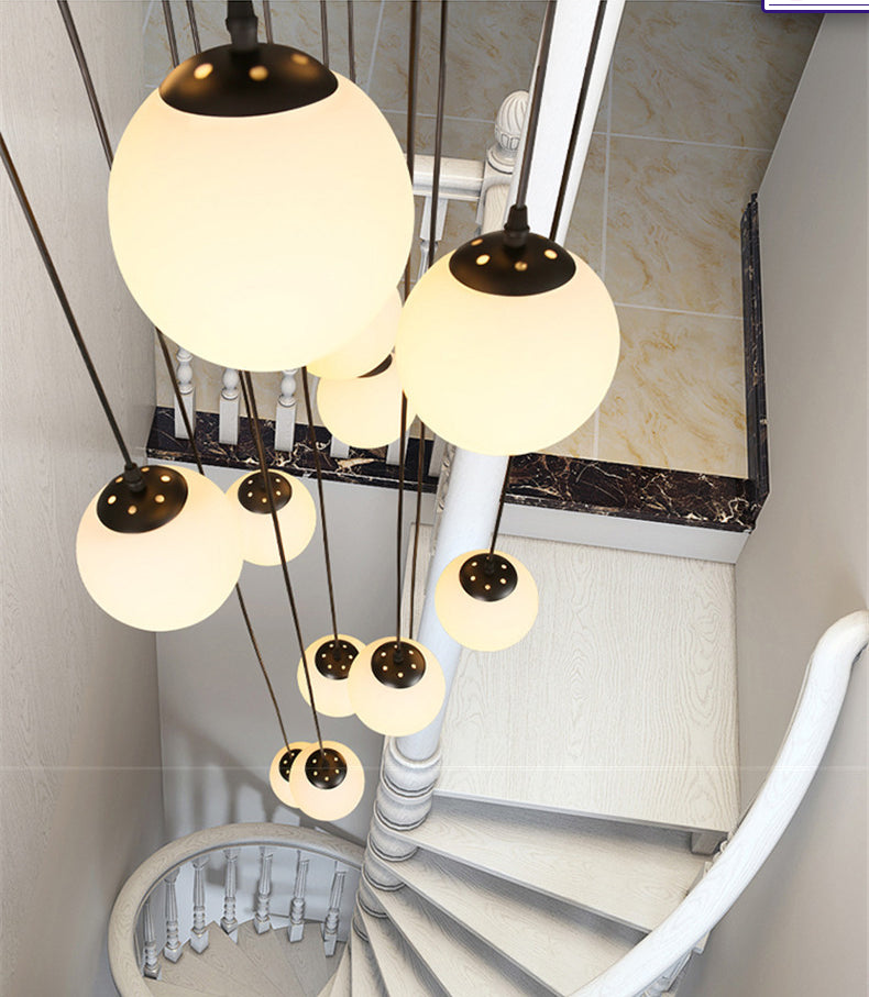 White Glass Cluster Globe Pendant Simplicity Black Multi-Light Ceiling Lamp for Staircase