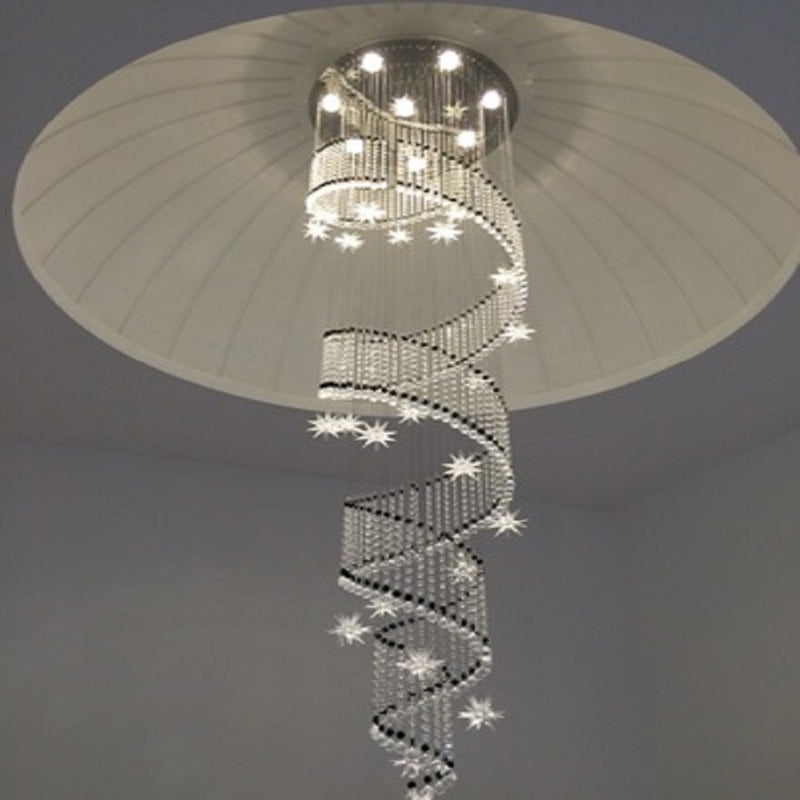 Iluminación colgante de cristal espiral lujosa luz de techo de led cromo moderno para escaleras