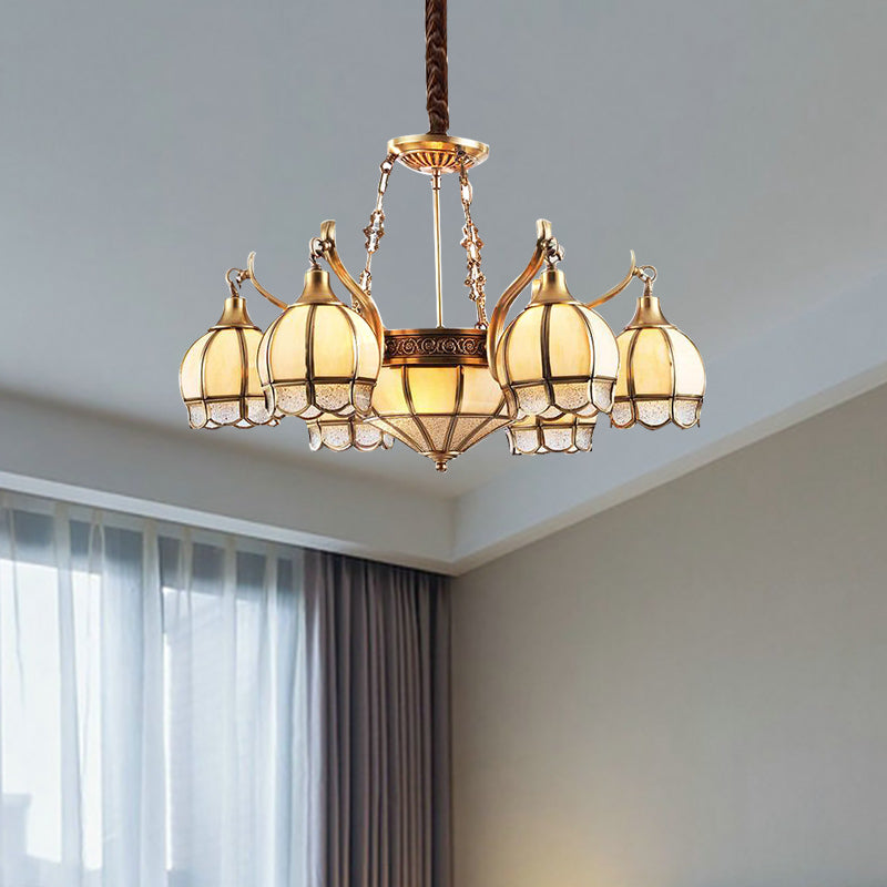 Lámpara de lámpara de araña en forma de flor de oro vidrio esmerilado colonial 9 luces sala de estar colgante lámpara colgante