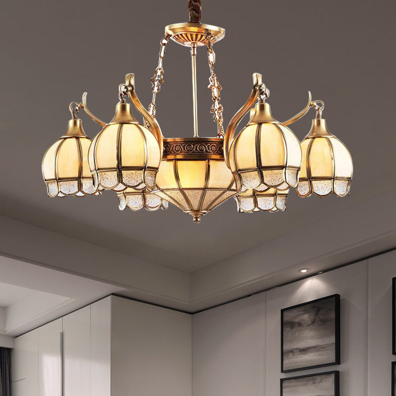 Goldene blumförmige Kronleuchterbeleuchtung kolonialer gefrosteter Glas 9 Lichter Wohnzimmer Hängende Anhängerlampe