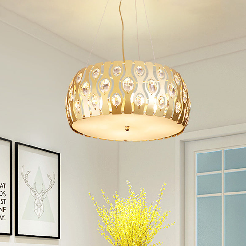 Metal Drum Hanging Chandelier Modern 3/4 Lights 15"/19" Width Gold Ceiling Lamp with Crystal Accent