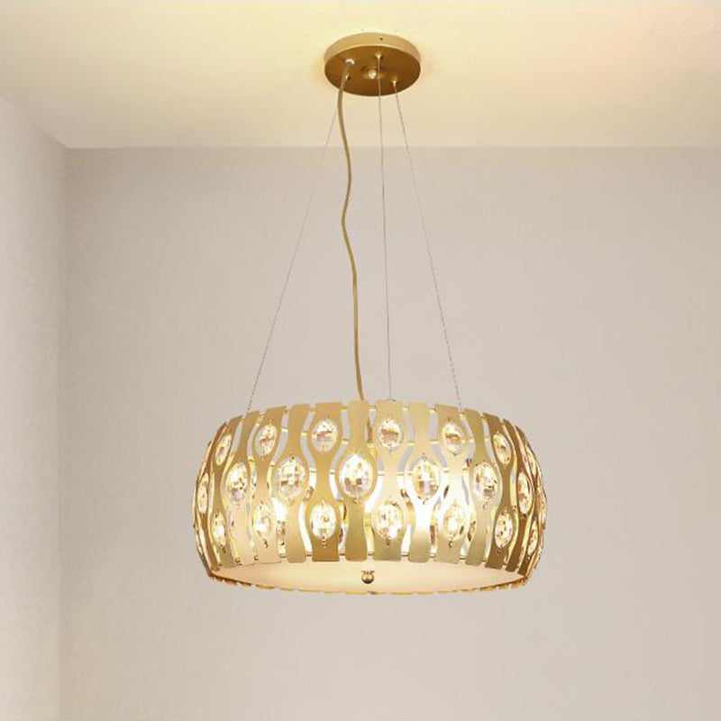Metal Drum Hanging Chandelier Modern 3/4 Lights 15"/19" Width Gold Ceiling Lamp with Crystal Accent